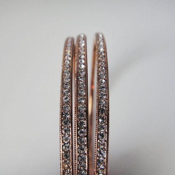 Pave Rhinestone Set 3 Thin Bangle Bracelets Copper - Picture 3 of 8